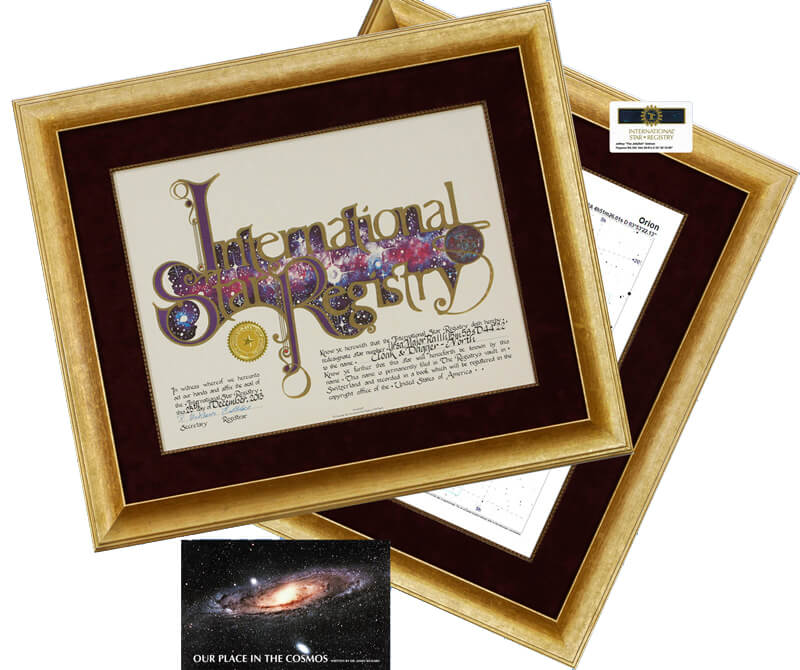 An exquisite framing option. Name a star and receive the Star Registry certificate in this elegant frame with a matching framed star chart.
